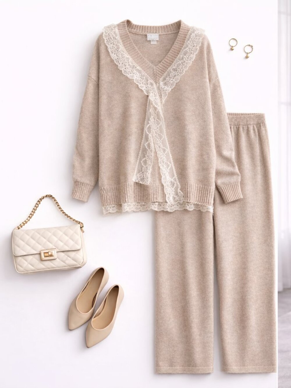 NWT Beige Knit Set Lace Trim Cozy Chic Outfit M-L